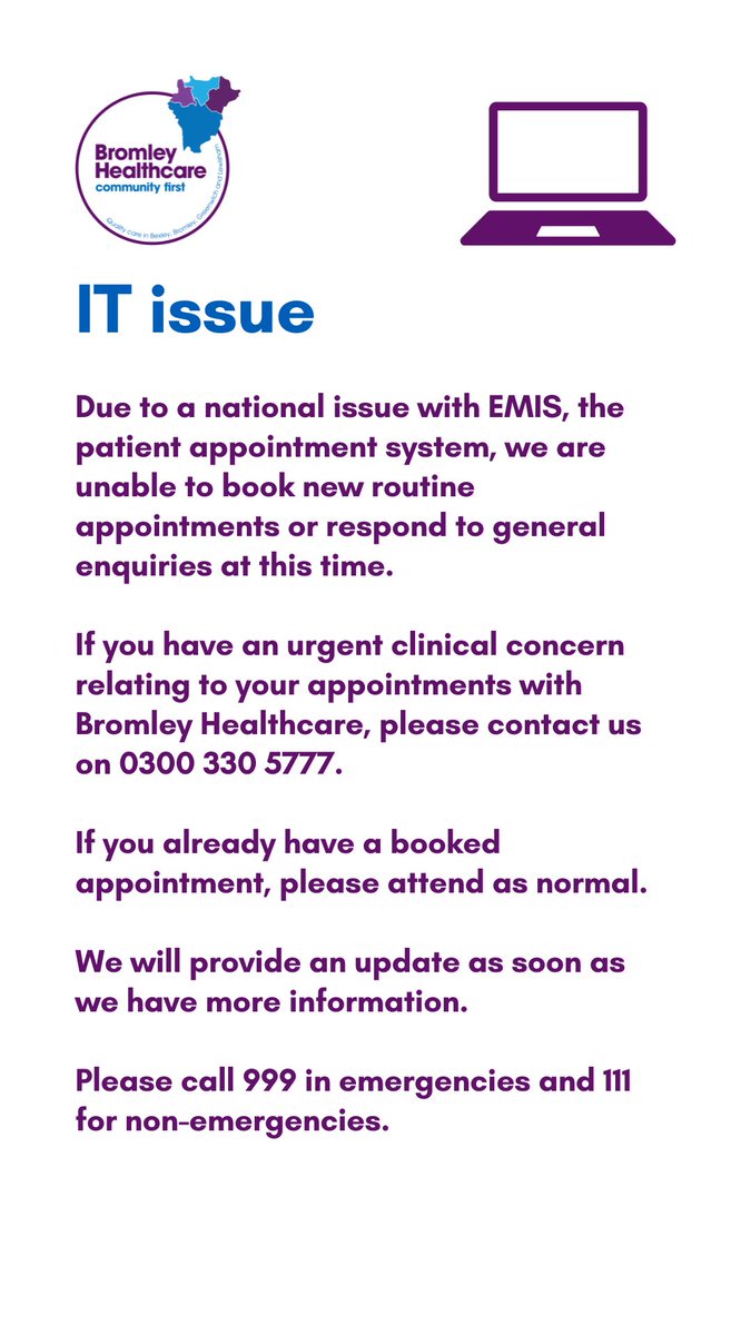 We are currently experiencing issues with our patient appointment booking system. 

Please continue to attend any booked appointment unless told otherwise. 

Find out more: bromleyhealthcare.org.uk/latest/blog/na…