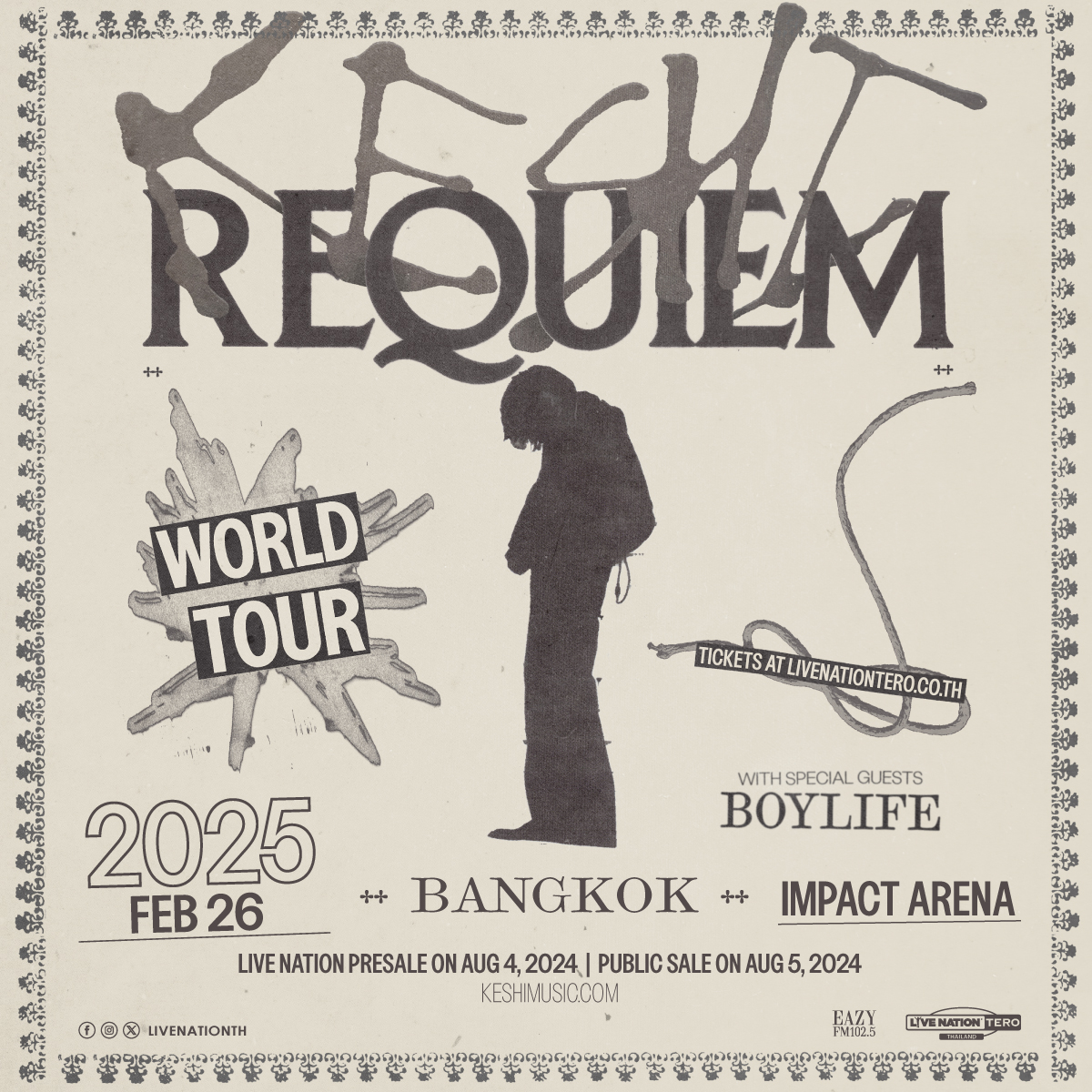 โซโล่คอนเสิร์ตครั้งแรกของ 'keshi' ศิลปินกู๊ดบอย เจ้าของเสียงร้องระทมใจ ใน "keshi: REQUIEM TOUR IN BANGKOK" 💔
📍 เปิดแสดง 26 ก.พ. 2568 ที่อิมแพ็ค อารีน่า
• พรีเซลส์สำหรับแฟนคลับ: 1 ส.ค. เวลา 10.00 - 22.00 น. ที่ bit.ly/requiemtourbkk (รายละเอียดเพิ่มเติมที่