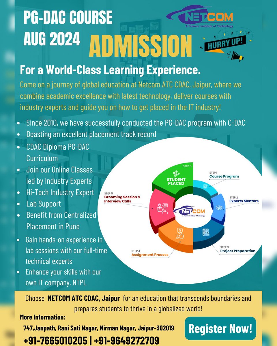 NetcomAtcCdac's tweet photo. Post Graduate Diploma in Advanced Computing (PG-DAC)
#cdac #PGDiploma #PGDAC #netcomatccdac #ITCareers #TechDiploma #cdacregistration
Feel free contact to:
NETCOM ATC CDAC, Jaipur
747, Janpath, Rani Sati Nagar, Nirman Nagar, Jaipur
+91-7665010205, +91-9649272709 https://t.co/PMuzTZll9j