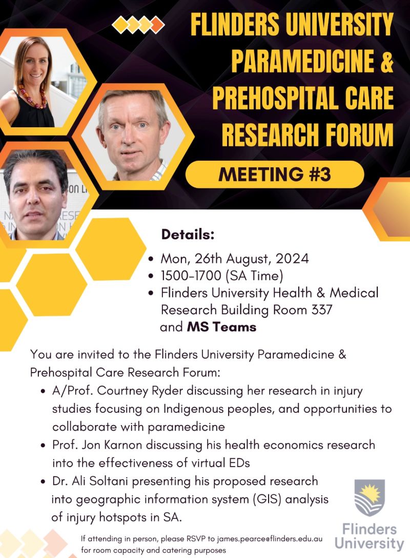 ParamedProf's tweet photo. Flinders University Paramedicine has been hosting a bi-monthly #Paramedicine &amp; #Prehospital Care  Research Forum. It's led to excellent forum presentations and discussions. All welcome! https://t.co/QAkbqxYXwC https://t.co/LUNgRGW5YG