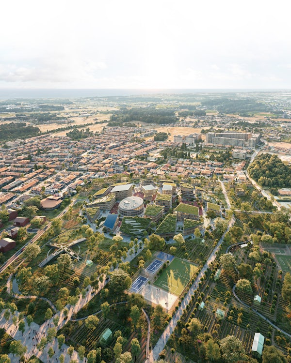 MASSLAB_PT's tweet image. We were challenged to create a new landmark on an 82,000 m² plot. Since building in height wasn’t an option, the project aims to redefine Maia’s skyline from the sky level.  By rethinking the 5th facade, a new circular neighbourhood aims to create a landmark seen from the clouds.