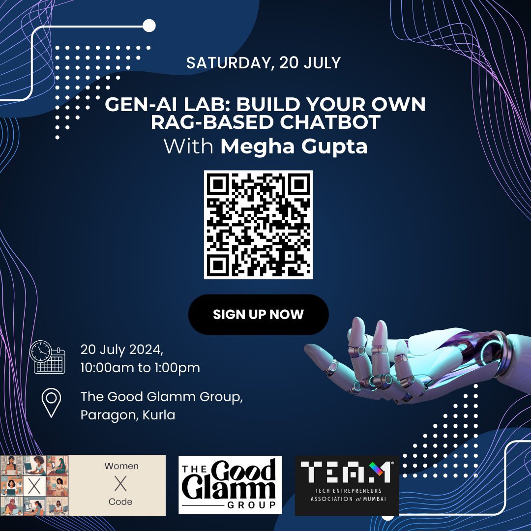 Join @womenxcoders tomorrow for this amazing #GenAILab workshop to build your own #RAGBasedChatBot 

RSVP 👇

meetup.com/mumbai-women-c…

#HandsOn #Workshop #GenAI #WomenXCode