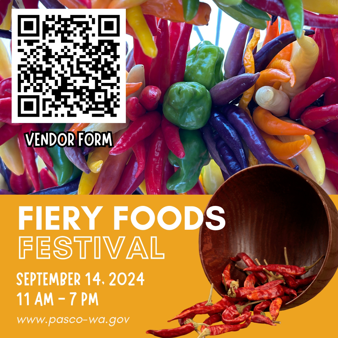 Would you like to be a vendor at the Fiery Foods Festival? 
Scan the QR Code or go to pasco-wa.gov/1261/Fiery-Foo… and download the form.  Before you turn the registration form in, create an account at swimpasco.com so you can be registered by staff.