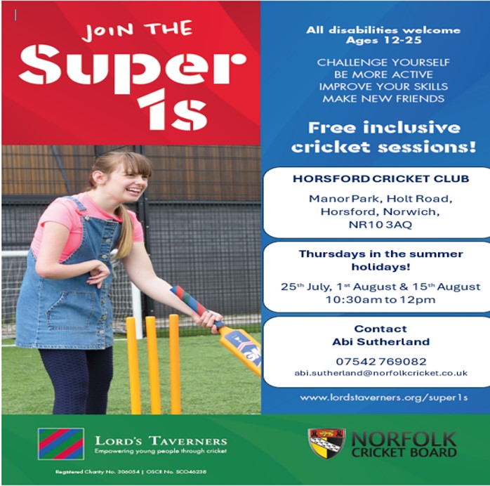 The NCB are running a series of FREE Super 1s SEND Softball Cricket sessions during the summer holidays for people aged between 12-25 🏏

🔹Thursdays
🔹Horsford CC
🔹25th July / 1st &amp; 15th August
🔹10:30am to 12pm

Details &amp; Registration 🔗 norfolkcricket.co.uk/free-send-cric…
