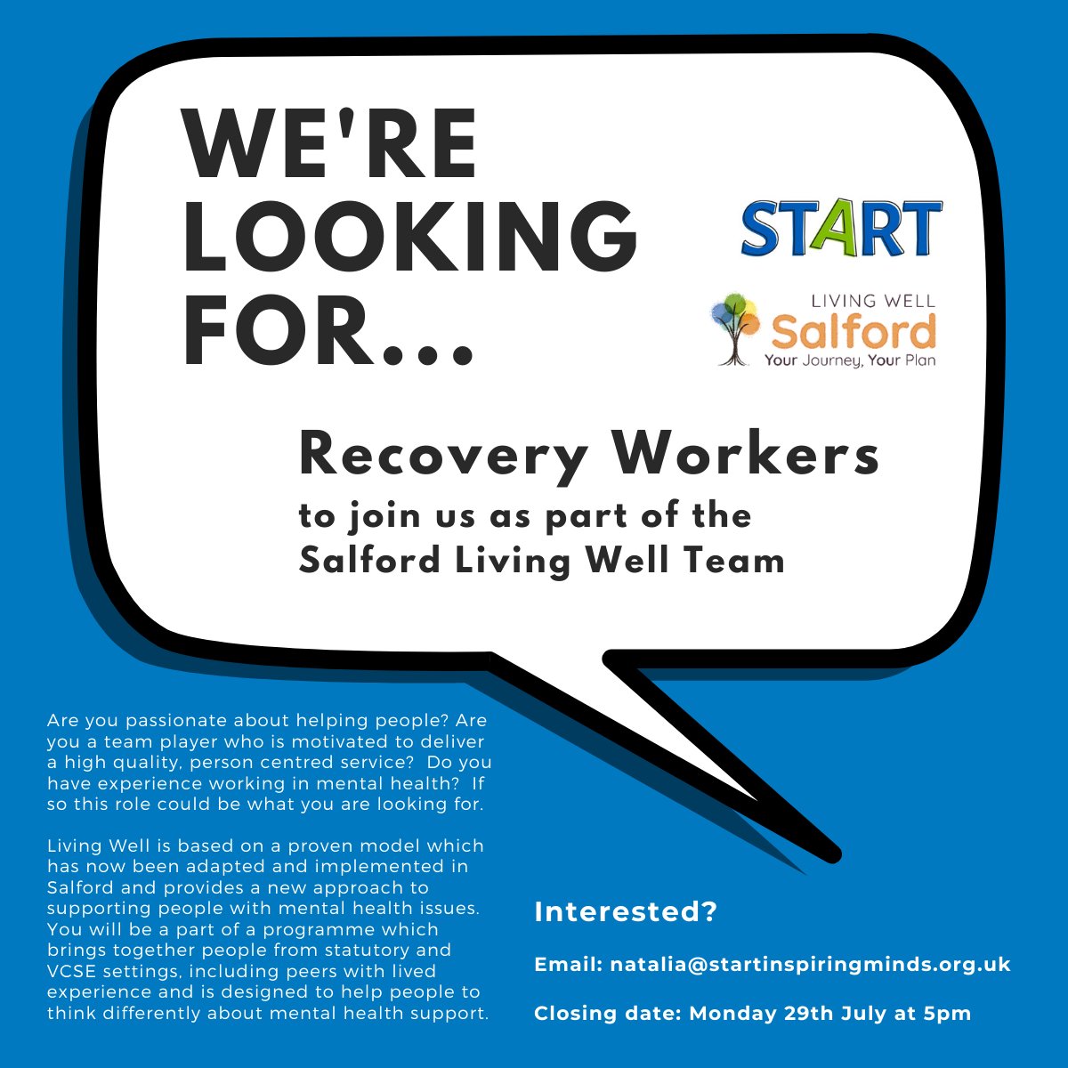 START (@startinspminds) on Twitter photo VACANCY! START are looking for their next Recovery Worker who will listen with empathy, understanding & create space for people to feel truly heard. Interested? See below for details. Please help by sharing with your networks <a href="/SalfordPagesUK/">SalfordPagesUK ๐ช๐บ๐บ๐ฆ</a> <a href="/MySalford/">My Salford</a> <a href="/MattersSalford/">Wellbeing Matters Salford</a> <a href="/SalfordCVS/">Salford CVS</a> VACANCY! START are looking for their next Recovery Worker who will listen with empathy, understanding & create space for people to feel truly heard. Interested? See below for details. Please help by sharing with your networks <a href="/SalfordPagesUK/">SalfordPagesUK ๐ช๐บ๐บ๐ฆ</a> <a href="/MySalford/">My Salford</a> <a href="/MattersSalford/">Wellbeing Matters Salford</a> <a href="/SalfordCVS/">Salford CVS</a>