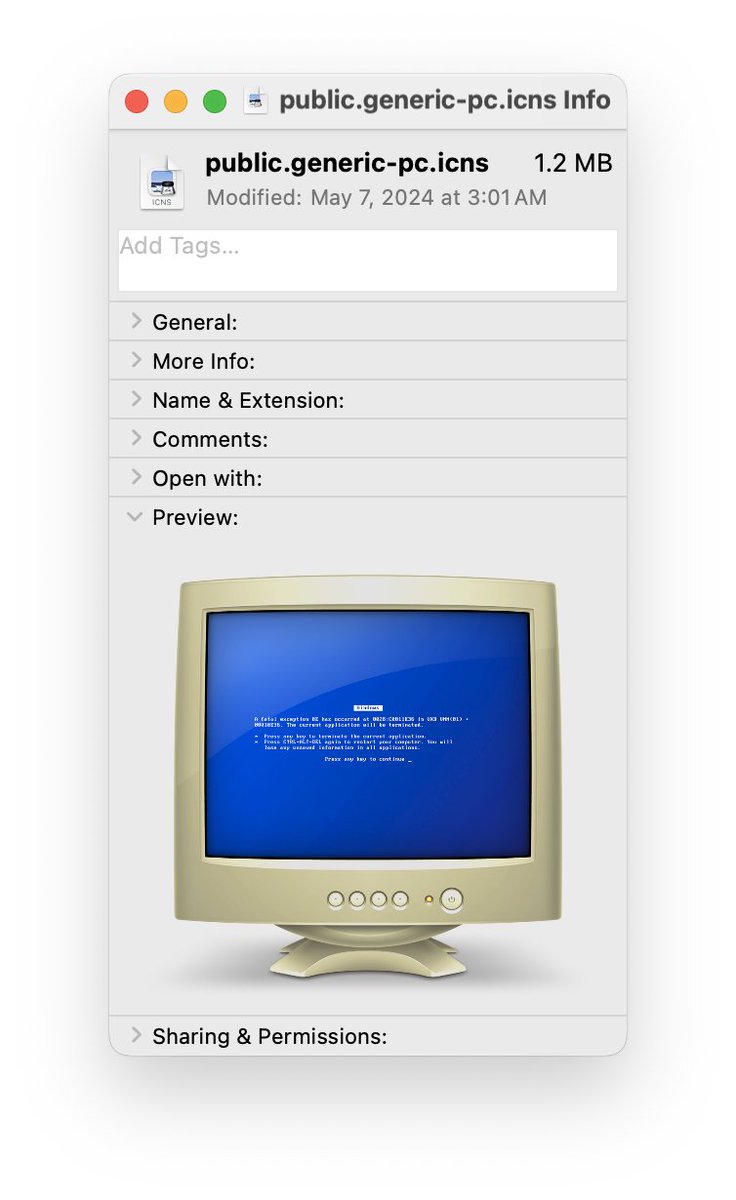 Today’s a good day to be reminded that macOS still shows Windows devices on the network as a Blue Screen of Death. See: /System/Library/CoreServices/CoreTypes.bundle/Contents/Resources