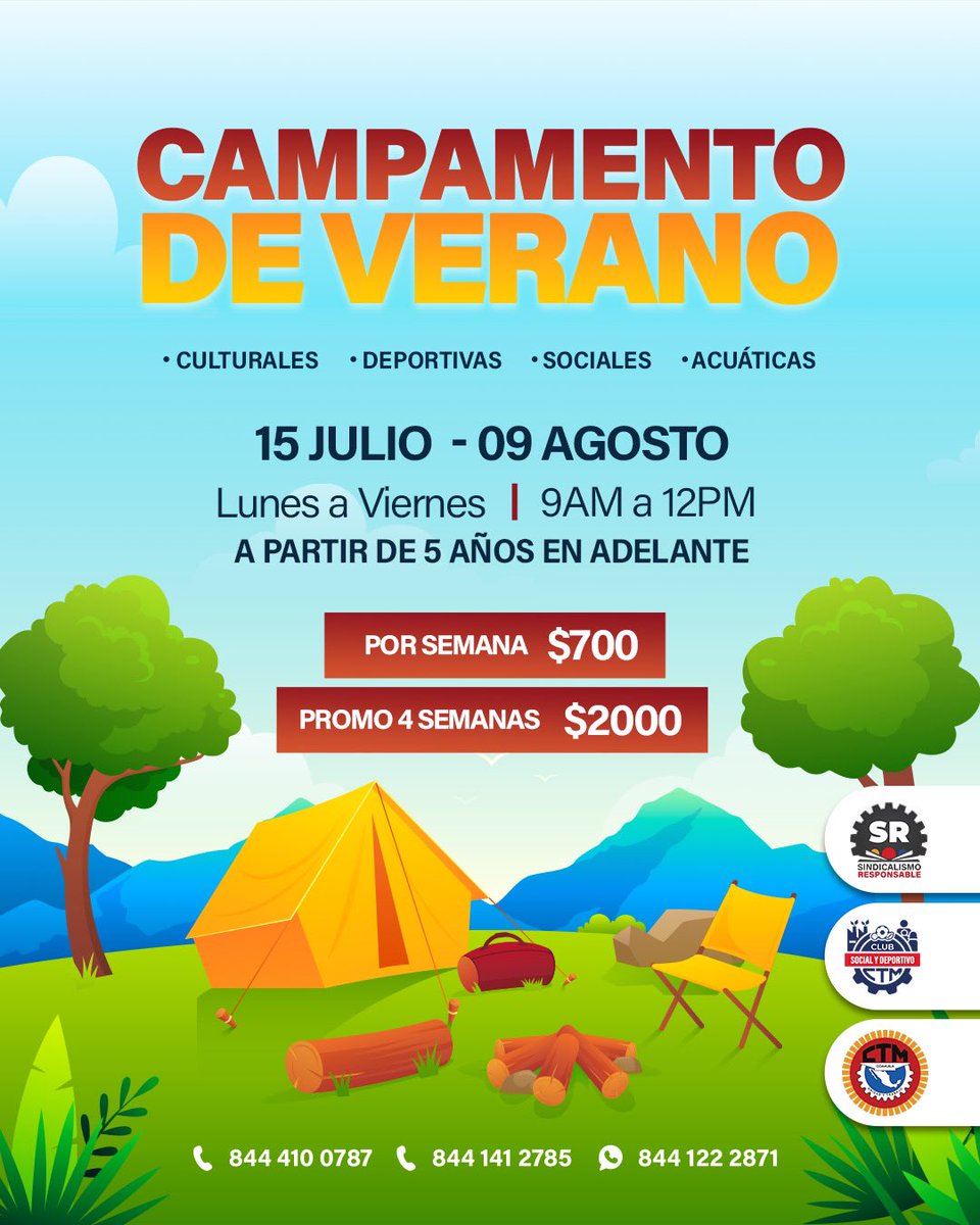 CTM_Coahuila's tweet photo. El Campamento del Club Social y Deportivo CTM ha iniciado, pero aún hay tiempo de que inscribas a tus hijas e hijos a esta actividad. ¡Comunícate a los teléfonos de la imagen para mayor información! https://t.co/0ERUQsuX1f