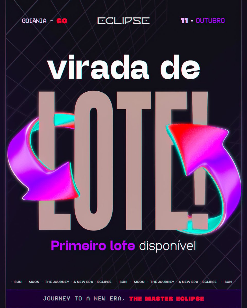 eclipsegyn's tweet photo. Você piscou e o lote já virou!🚀🎟️
Não perde a oportunidade agora de embarcar nessa viagem com a gente, garante já o seu ingresso! 🔥
🎟️ | R$50,00 (Meia) R$100,00 (Inteira) pelo site da cheers ou S/ taxa com os comissários.
📌Link na bio
#Eclipse #MCFioti #InícioDasVendas https://t.co/QJSfFum8ib