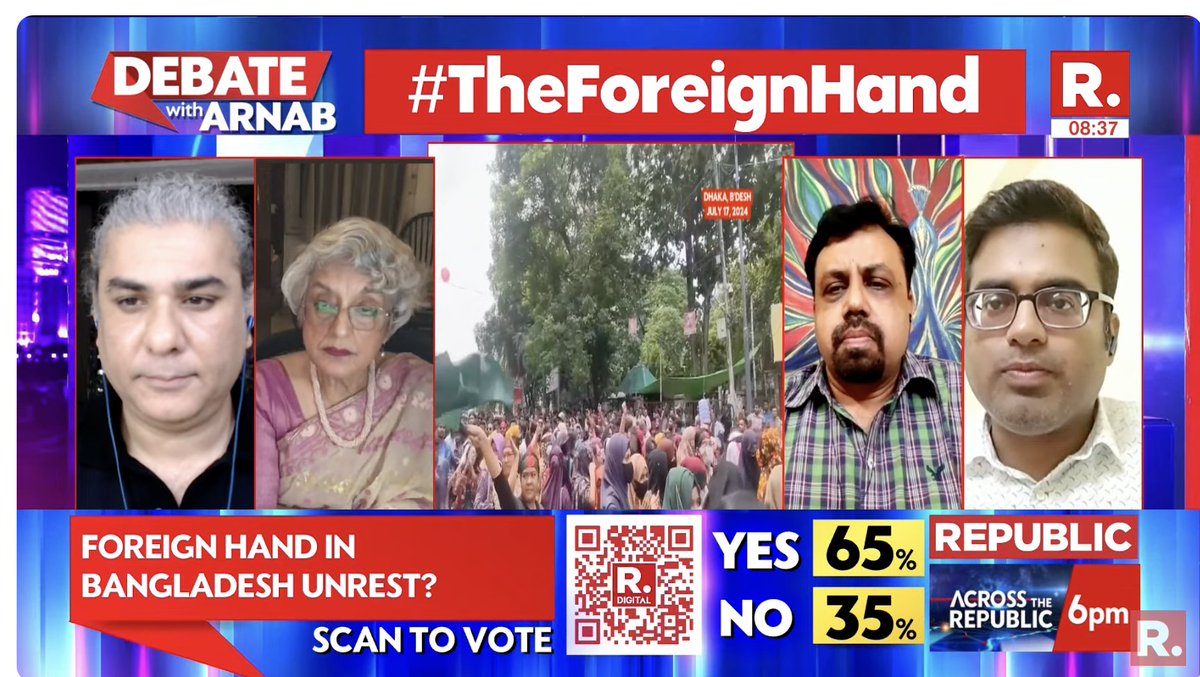 republic's tweet photo. #TheForeignHand | "In Bangladesh, protests erupted only after HC ordered the reinstatement of 30% quota in government jobs for ‘freedom fighters’ and their descendants...": Akashdeep Muni, (@akashmuni01), Political Analyst
Watch The Debate on #SuperprimetimeMax with Arnab and fire in your views - https://t.co/LlVQltLjf8
#StudentProtest #QuotaMovement #Bangladesh #SheikhHasina #QuotaReform #QuotaProtest #Dhaka #Arnab #ArnabGoswami