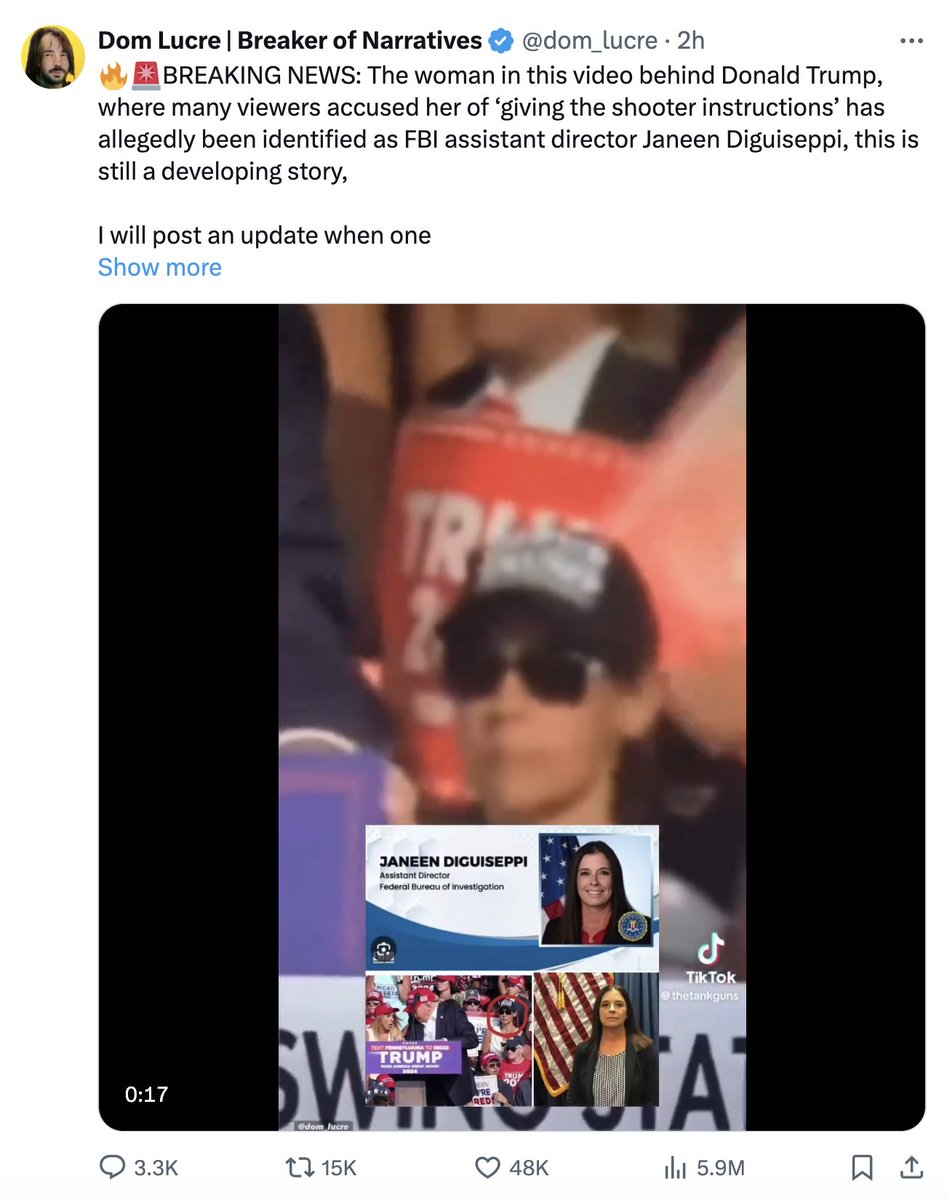 Shayan86's tweet photo. A new conspiracy theory, currently racking up millions of views, baselessly claims that a female supporter seen behind Trump when he got shot is assistant director of the FBI's insider threat office Janeen DiGuiseppi, who was helping the shooter.

Those are two different women. https://t.co/jBoaJIyhPl