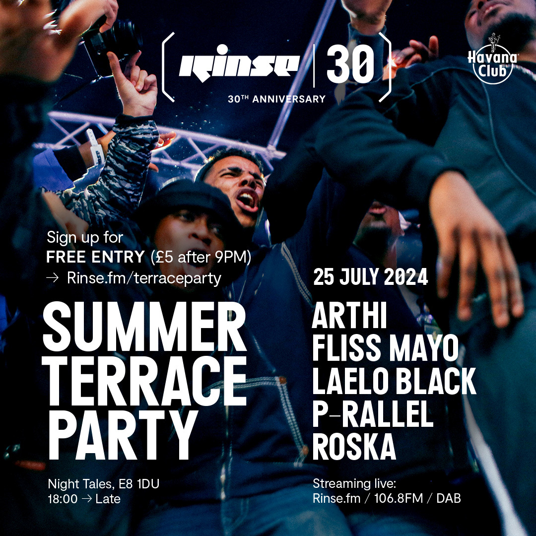 Just one week to go until our first Summer Terrace party of the year 💥 Kicking off the night will be <a href="/ArthiNachiappan/">Arthi Nachiappan</a>, <a href="/paralleltheory_/">P-RALLEL</a>, @roskaofficial + more! With the whole party streamed on rinse.fm, 106.8FM &amp; DAB. Sign up for free entry
rinse.fm/terraceparty