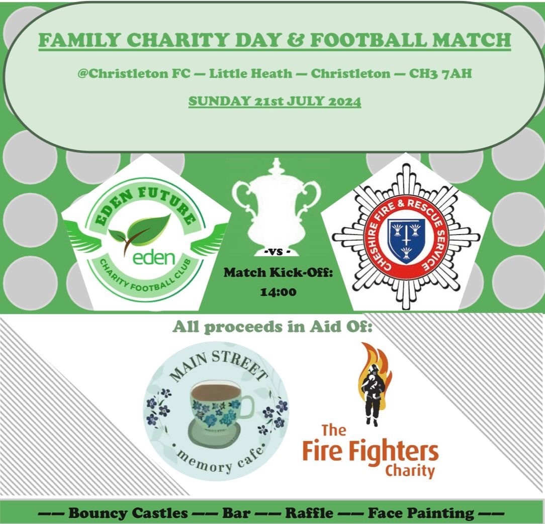 CheshireFire's tweet photo. Our football team is taking on Eden Futures in a charity football match at Christleton FC on Sunday (21 July) at 2pm. All money raised will be split between The Fire Fighters Charity and Main Street Memory Cafe, Frodsham.

For more information or to donate https://t.co/L19KfycpUl https://t.co/w4wV266m0N