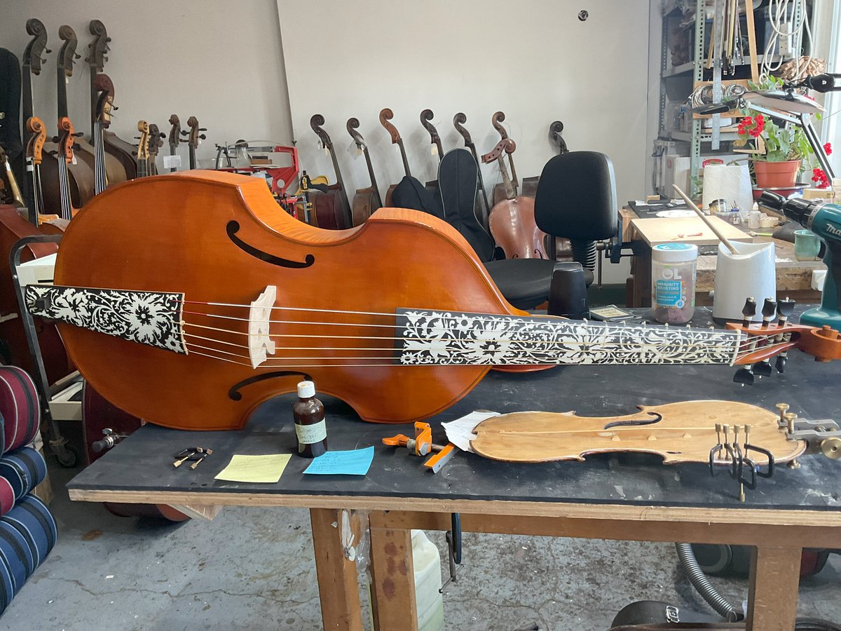 BandNviolins's tweet photo. Steve has been working on this Viol, assessing it and readying it for sale. I’m pretty taken by the snazzy marquetry on the fingerboard! #viol #marquetry #luthierie https://t.co/AzcqQJE3Ip