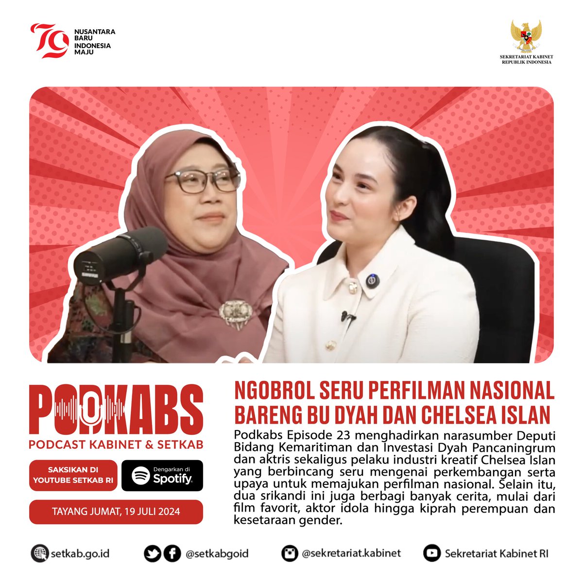 setkabgoid's tweet photo. Kawan Kabinet, yuk saksikan ngobrol seru tentang perfilman nasional bareng Bu Dyah dan Chelsea Islan!
Kamu bisa langsung tonton obrolannya di Youtube Setkab dengan tautan ini https://t.co/EmRSGTjEGs.
#Podkabs https://t.co/iMFYZPlvQk