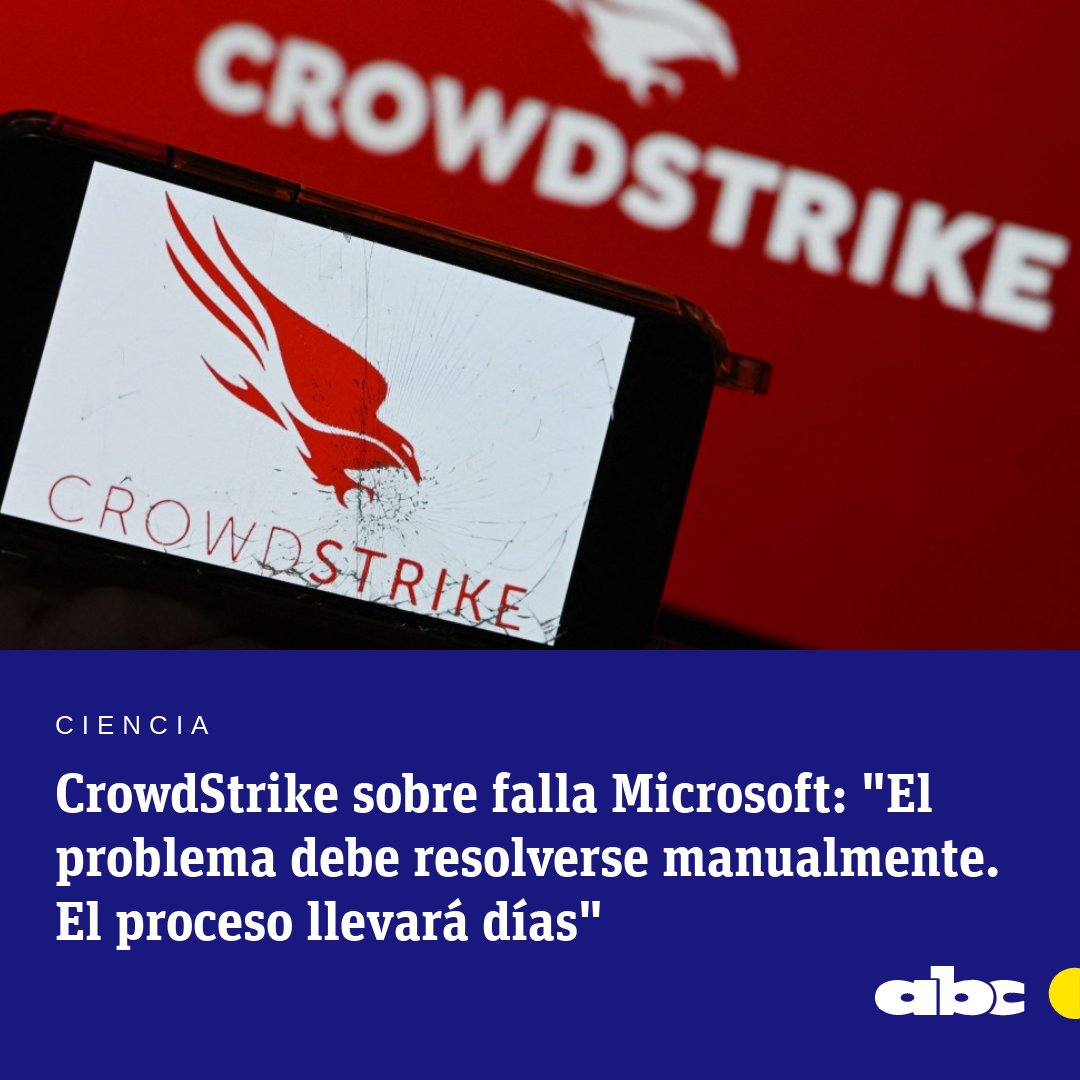 ABCDigital's tweet photo. #ABCMundo| El jefe de sistemas de CrowdStrike comunicó que la actualización para solucionar la #FallaMicrosoft no puede realizarse de forma remota y el problema debe resolverse manualmente, por lo que el proceso llevaría días.
⭕ WhatsApp: https://t.co/aAPBX7cxWp
https://t.co/E5NuFIInNA