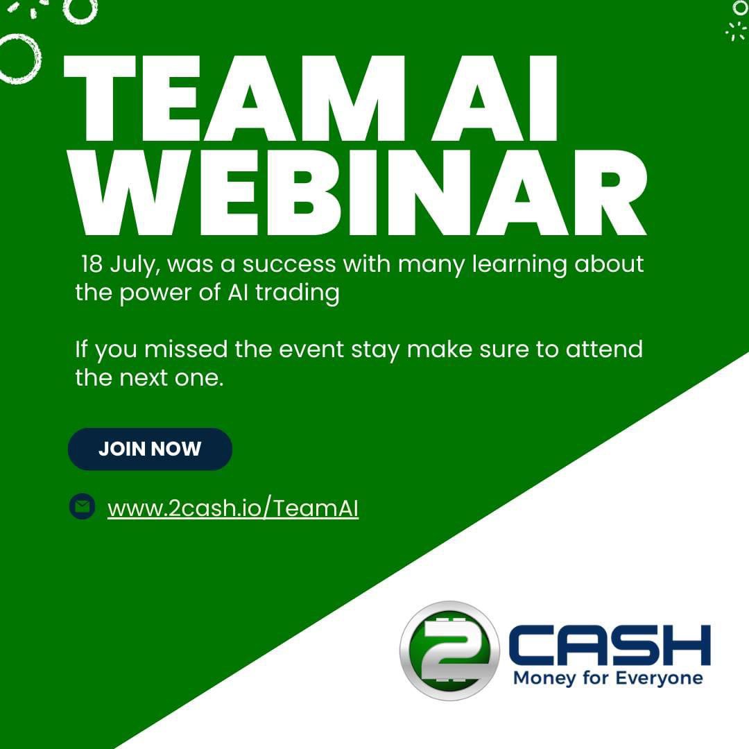 2cash_io's tweet photo. The inaugural Team AI webinar yesterday, 18 July, was a success with many learning about the power of AI trading.

 If you missed the event, make sure to attend the next one.
https://t.co/y9mZmCDgsb

#AITrading #PassiveIncome #TeamAI #2cash #CryptoInvesting #FinancialFreedom https://t.co/lARHfTmBmt