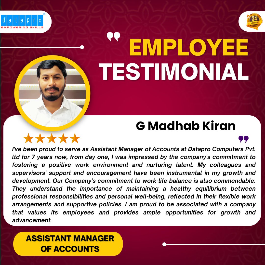 dataproofficial's tweet image. Hear from our team leaders! Mr.Kiran, our experienced Assistant Manager of Accounts, shares his experience working at Datapro Computers. We&apos;re grateful for your guidance, expertise, and passion. You make a difference
#employeeappreciation #accountsmanagement #dataprocomputers