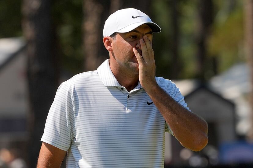 KVanValkenburg's tweet photo. My favorite Scottie Scheffler reaction is when he lips out a putt and he looks like he just watched a deer get hit by a car. https://t.co/TWmQ0Lkgcg