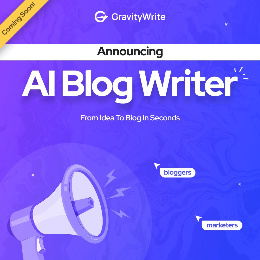 GravityWrite's tweet image. ✨ New Feature Alert!!
GravityWrite is launching #AIBlogWriter 📷 ! This new AIBlogWriter feature will transform your ideas into full blog posts in seconds with unique images. 📷
Stay tuned! 🔥
#AI #Blogging #GameChanger #BloggersLife #AIBlogs #Bloggers #GravityWrite