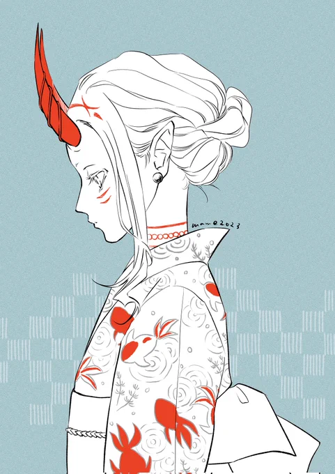 再掲 金魚浴衣茨木ちゃん 単色のみの絵だけどお気に入りの一枚です