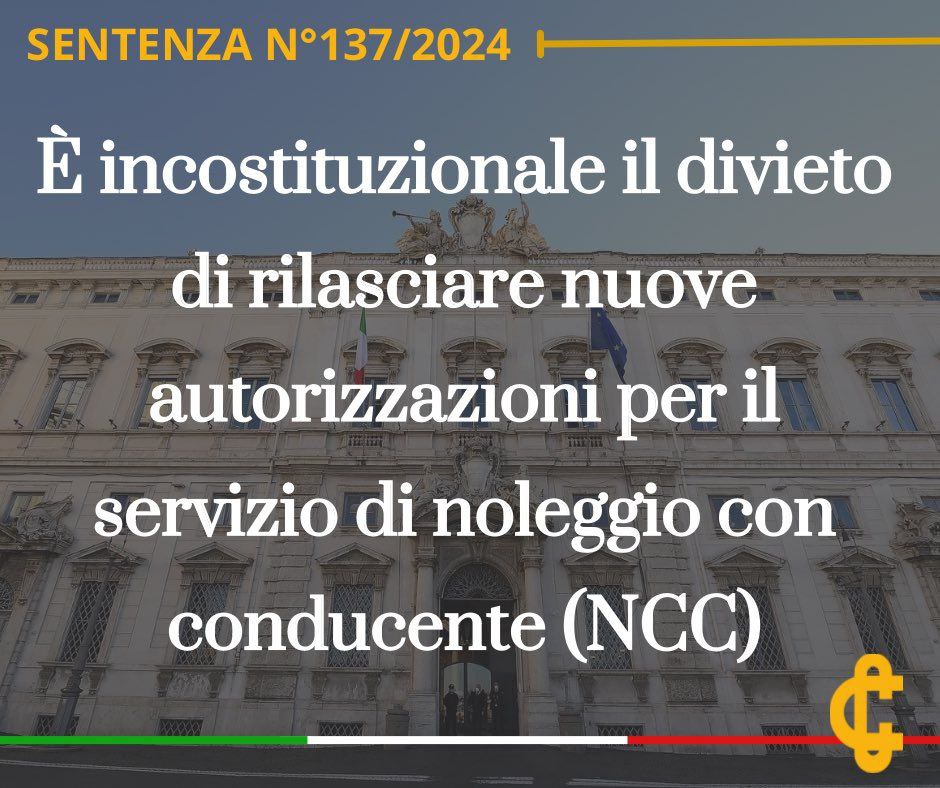 ultimora_pol's tweet photo. ❗️Storica sentenza della Corte Costituzionale, è incostituzionale la legge del 2018 sul divieto di rilasciare nuove autorizzazioni per il servizio NCC poiché "compromette gravemente la già carente offerta degli autoservizi pubblici non di linea." 

@ultimora_pol https://t.co/dniFIk69OG
