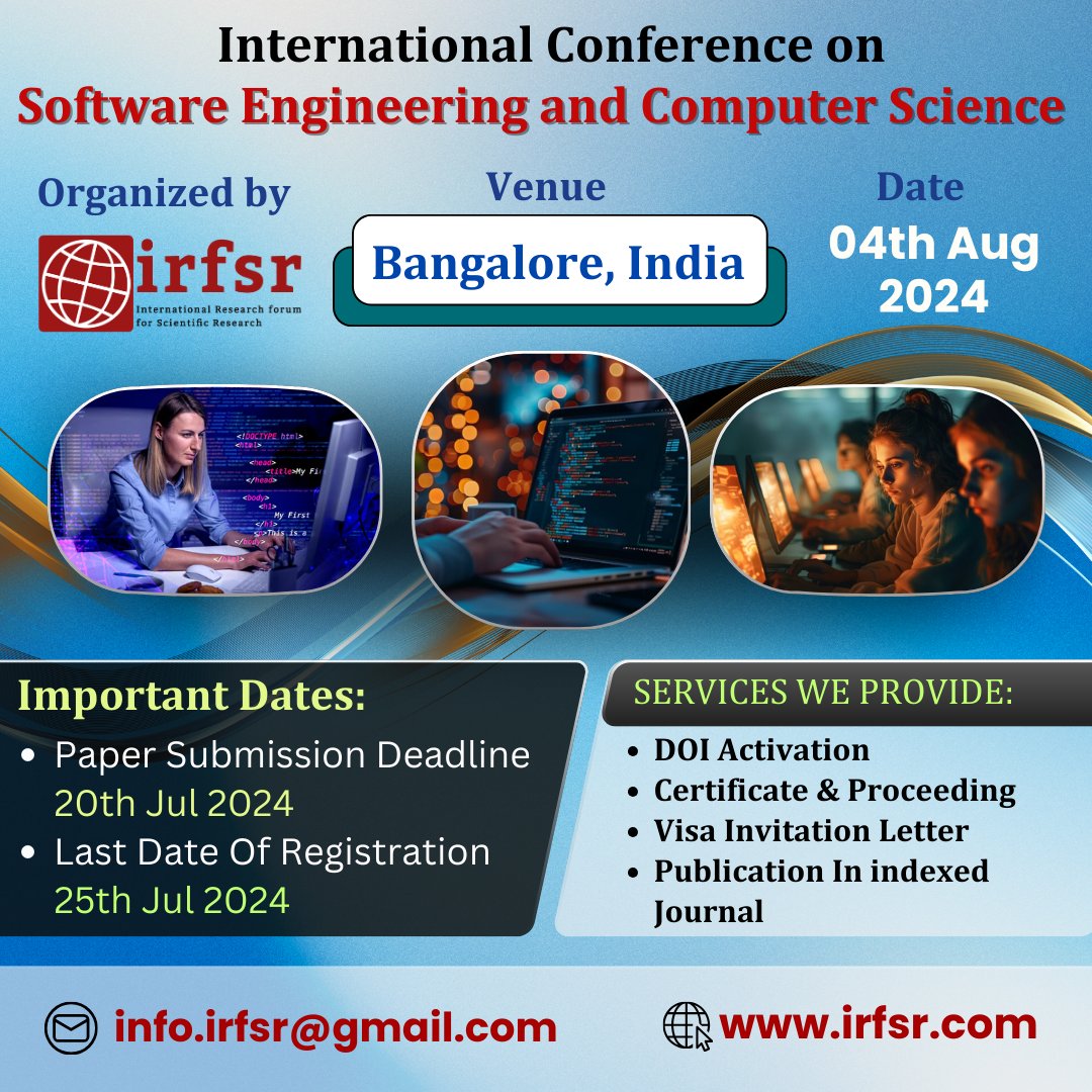 issrdconference's tweet image. International Conference on Software Engineering and Computer Science (ICSECS).04th Aug 2024 in Bangalore,India.
irfsr.com/Conference/375…
#irfsr #internationalconference #2024conference #events #ComputerScience #software #scopuspublication #InternationalPublication
