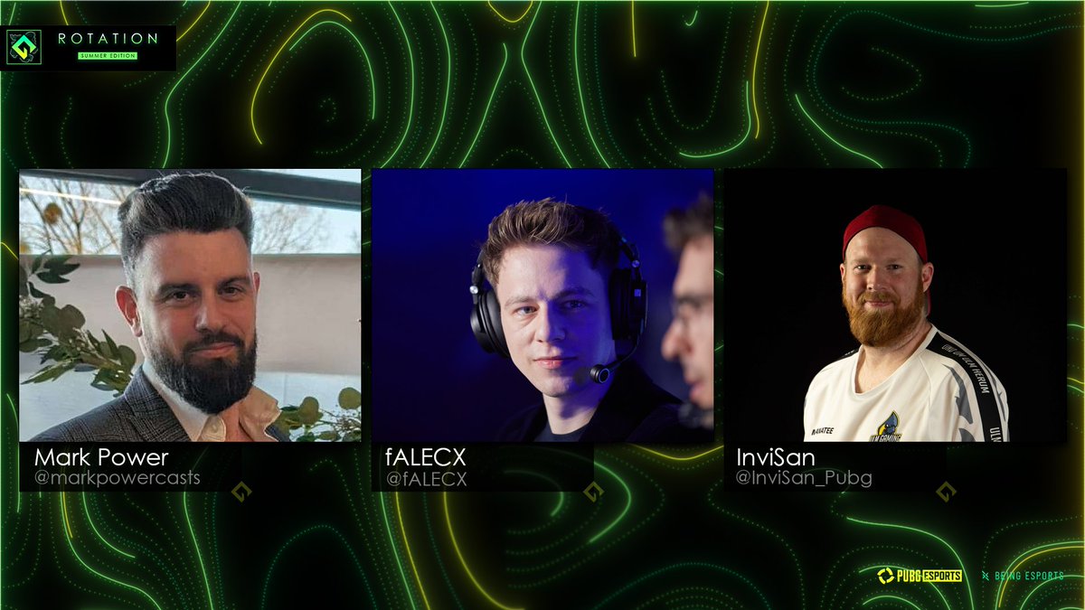 BeingEsports's tweet photo. 🌞 Summer Rotation Alert! 🌞

Get ready for the heatwave as these three legends take you through 36 intense matches! 🔥

👤 Mark Power - @markpowercasts 
👤 fALECX - @fALECX  
👤 InviSan - @InviSan_Pubg 

Prepare yourselves for epic gameplay and top-tier commentary! 🎮👀 https://t.co/Cm5zOrykc8