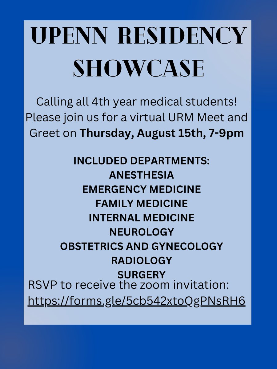 Hey 4th year URM med students! Interested in joining us at Penn? Join us for a fun interdepartmental virtual URM meet and greet!! 🎉 RSVP by August 12th to get the Zoom link. Can't wait to see you there! bit.ly/3y9tS76