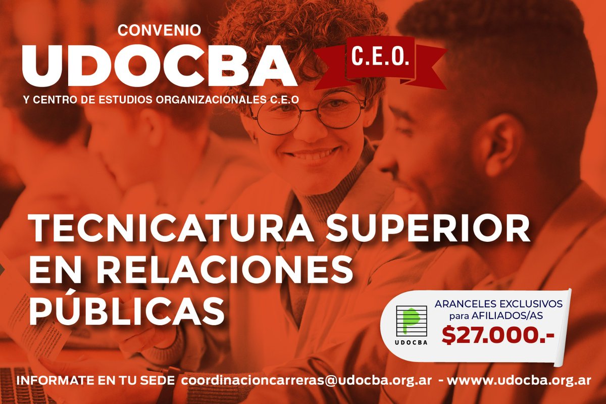udocbacentral's tweet photo. 📚¡Estás a un paso de avanzar en tu formación! UDOCBA, en convenio con el Centro de Estudios Organizacionales, ofrece Tecnicaturas con aranceles exclusivos para nuestras/os afiliadas/os. 

🗒Consulta en tu sede o contactanos a coordinacioncarreras@UDOCBA.org.ar https://t.co/MrV10sG6Yz
