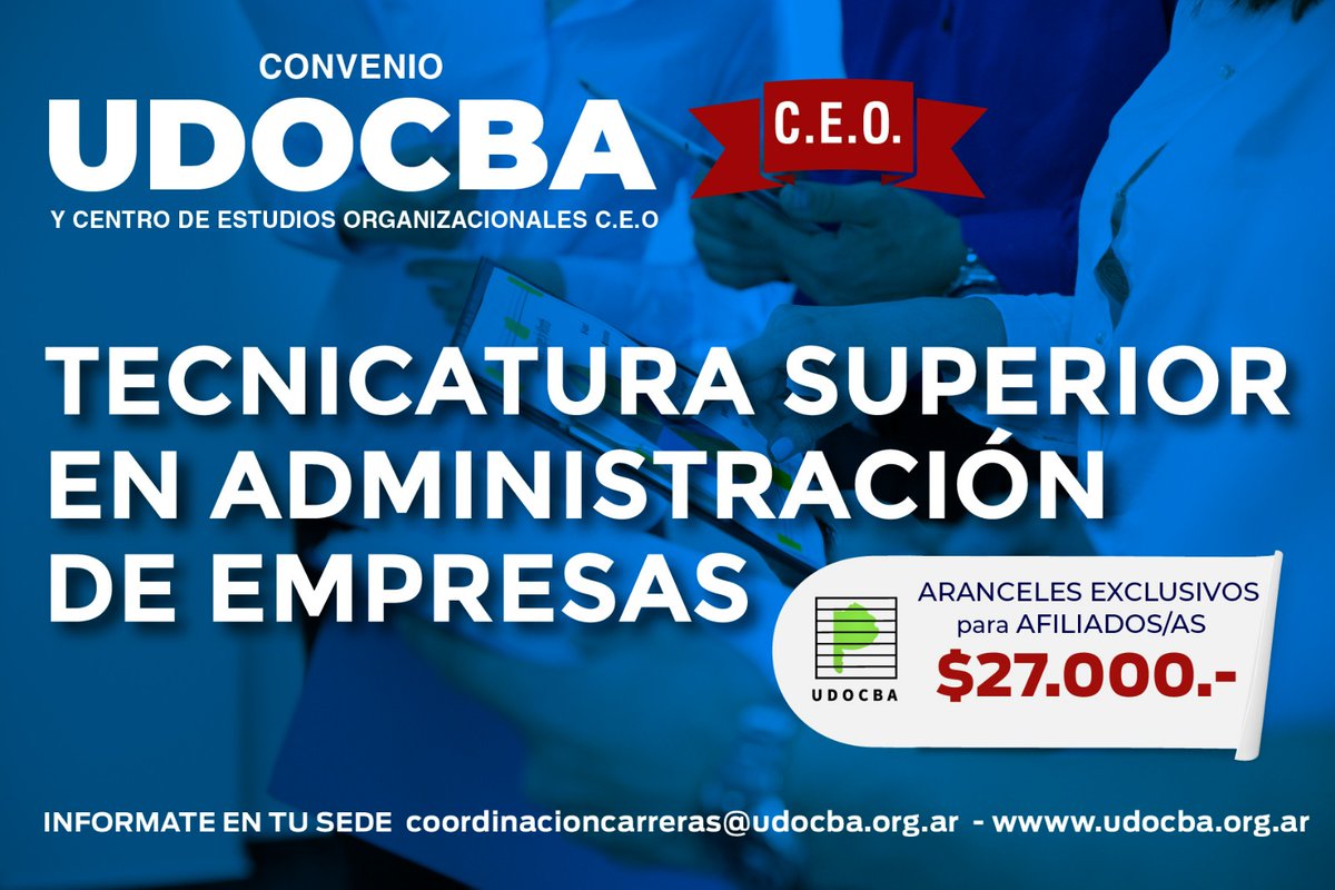 udocbacentral's tweet photo. 📚¡Estás a un paso de avanzar en tu formación! UDOCBA, en convenio con el Centro de Estudios Organizacionales, ofrece Tecnicaturas con aranceles exclusivos para nuestras/os afiliadas/os. 

🗒Consulta en tu sede o contactanos a coordinacioncarreras@UDOCBA.org.ar https://t.co/MrV10sG6Yz