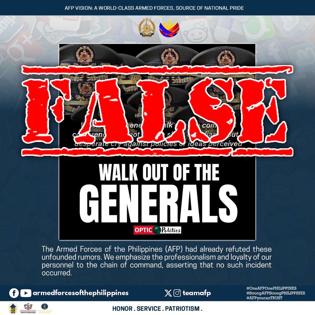 TeamAFP's tweet photo. The Armed Forces of the Philippines (AFP) had already refuted these unfounded rumors. 

We condemn the propagation of false information that undermines the integrity of our institution and misleads the public. The AFP emphasizes the professionalism and loyalty of our personnel to the constitution and the chain of command, asserting that no such incident occurred.

PREVIOUS STATEMENT: https://t.co/QHETr5C07u

Any claims of disunity about our organization are baseless and do not reflect the reality within our military. 

The AFP urges the public to be critical of such false information. As we view the propagation of false information about our organization with utmost seriousness, we are actively investigating the source of these rumors and will pursue all legal avenues available to hold those responsible accountable. 

#AFPyoucanTRUST
#OneAFPOnePhilippines
#StrongAFPStrongPhilippines
#OurSeasOurRightsOurFuture