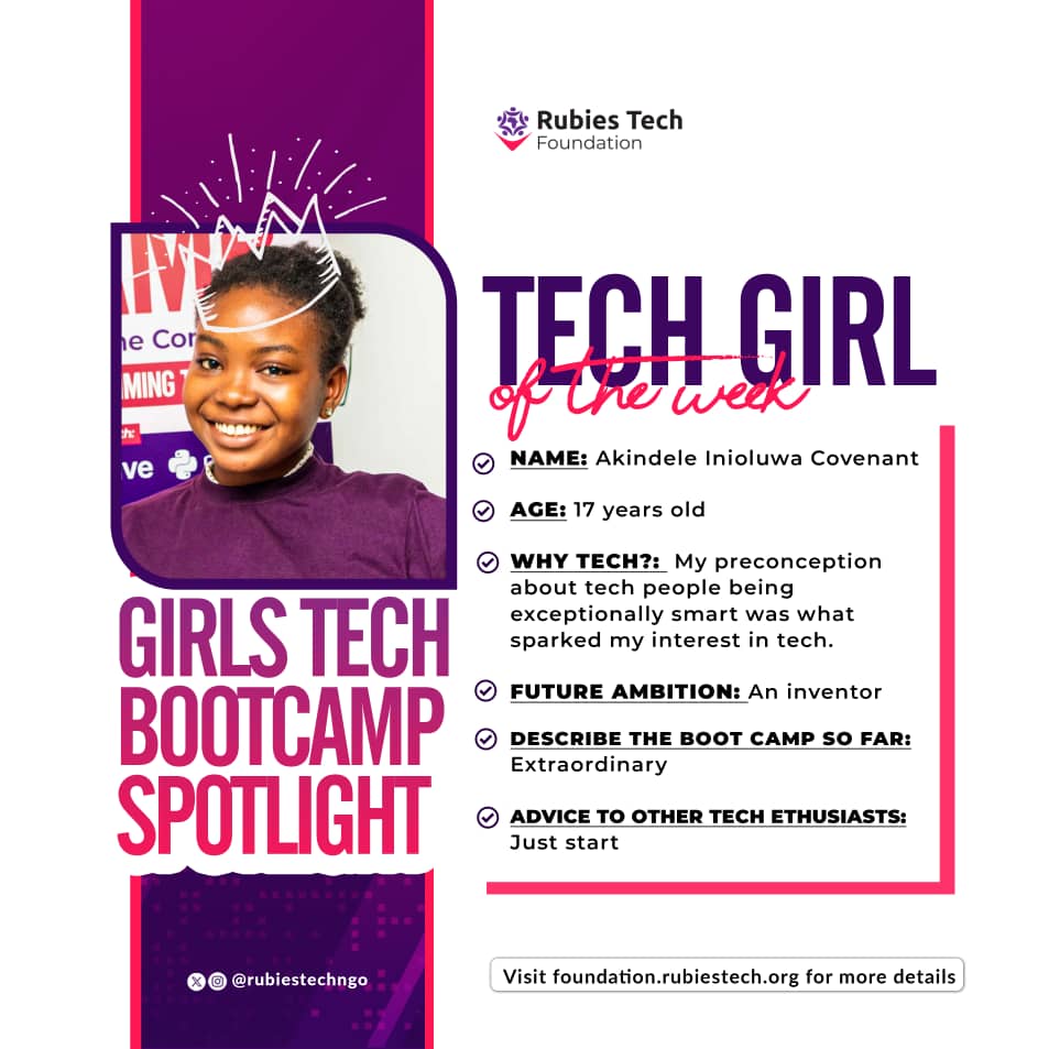 rubiestechngo's tweet image. Meet Covenant Akindele!
She&apos;s a rising coder in our Girls Tech Boot Camp, learning and growing in Python and Robotics every day!
We&apos;re so proud of her progress and dedication.
#GirlsInTech #CodeGirl #RoboticsRookie #GirlsTechBootcamp #FutureTechQueens #RubiesGirlsTechBootcamp