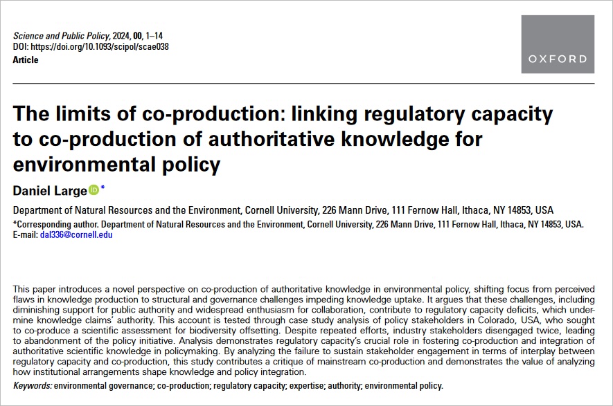 EIUI_Dal's tweet image. #CoProductionOfKnowledge is seen as a way to foster “socially robust” knowledge that is #credible, #legitimate, &amp;amp; #relevant to policy stakeholders. But, as Large reports, this approach may fail. Regulatory capacity can be a limiting factor @OxfordJournals doi.org/10.1093/scipol…