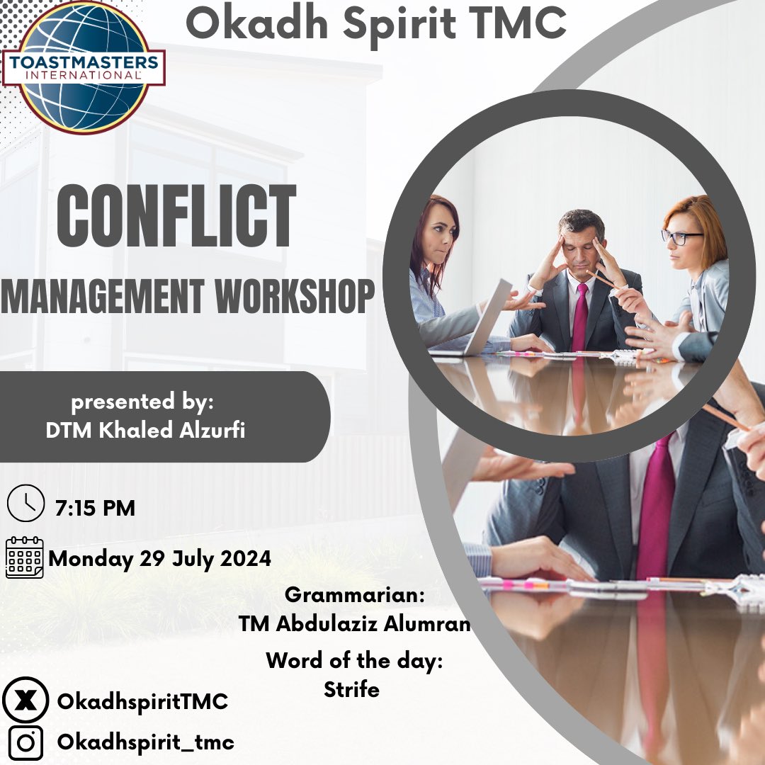 OkadhSpiritTMC's tweet photo. Mastering the art of conflict management is an essential skill that can greatly contribute to the development of your communication and leadership abilities. We invite you to join us to embark on a transformative journey of fostering positive and harmonious relationships. https://t.co/c25oVoXEKC