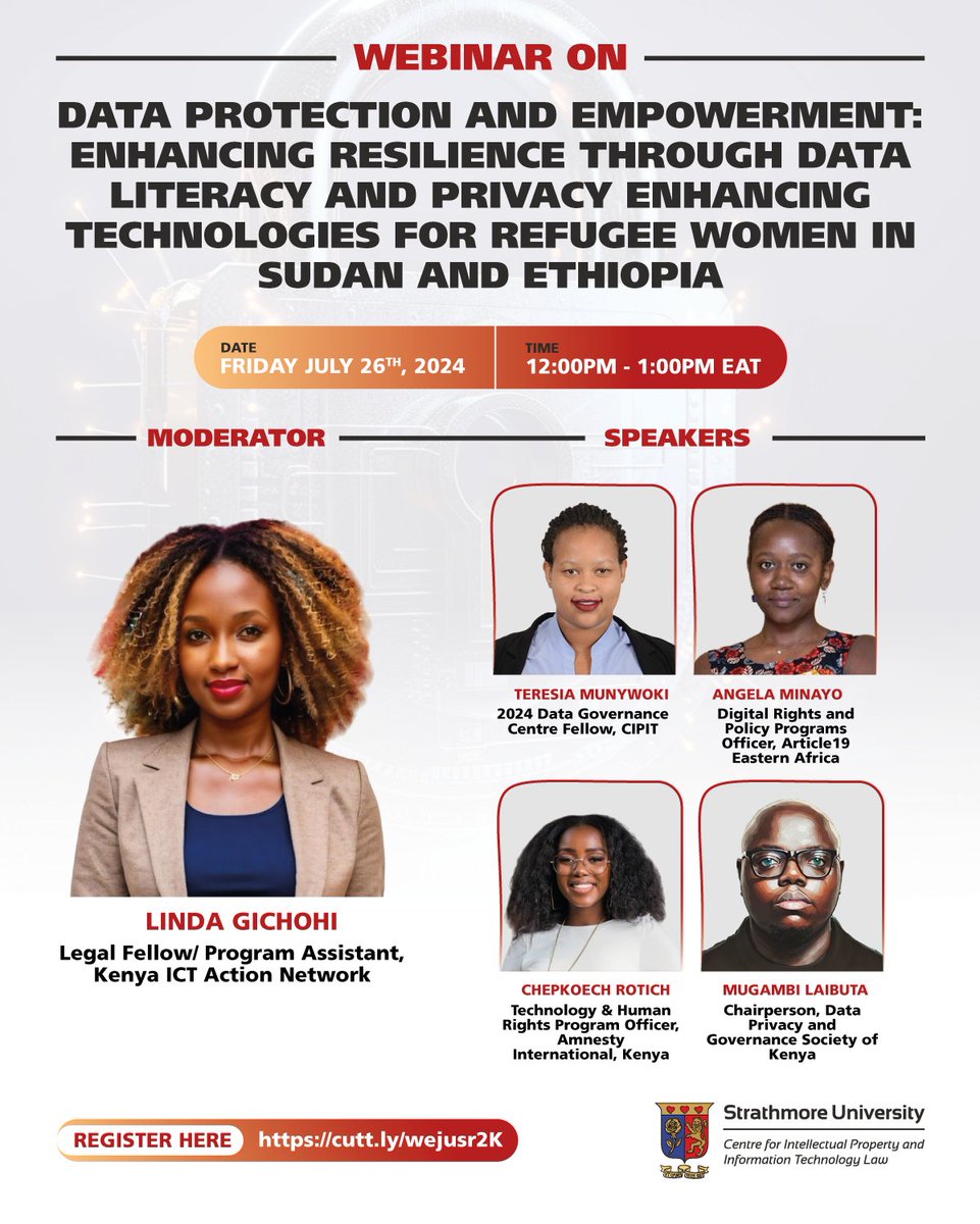 Join us for this #webinar on "Data Protection and Empowerment: Enhancing Resilience Through Data Literacy and Privacy-Enhancing Technologies for Refugee Women in Sudan and Ethiopia". 

📅  Date: July 26, 2024
🕒  Time: 12:00 PM - 1:00 PM EAT
📍  Zoom

🔗us06web.zoom.us/webinar/regist…