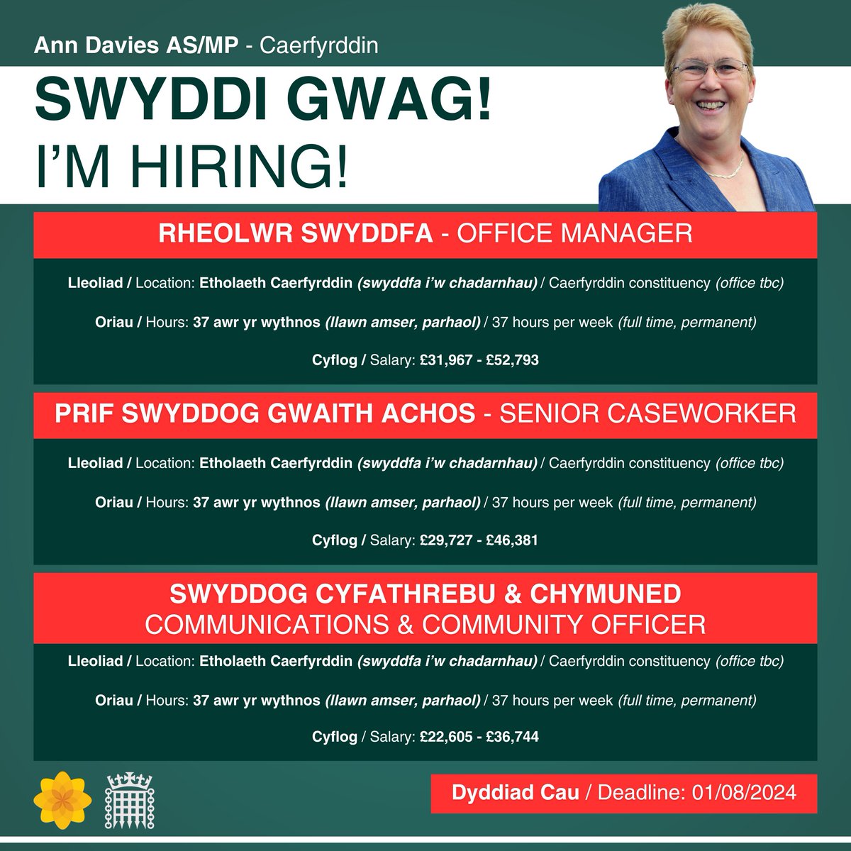 ‼️  Cyffrous iawn yw hysbysebu nifer o swyddi yn fy swyddfa etholaeth i helpu gyda'r gwaith o wasanaethu etholaeth Caerfyrddin. 

Am fwy o fanylion, ac i ymgeisio ewch i'r wefan isod:

🔗 plaid.cymru/swyddi
