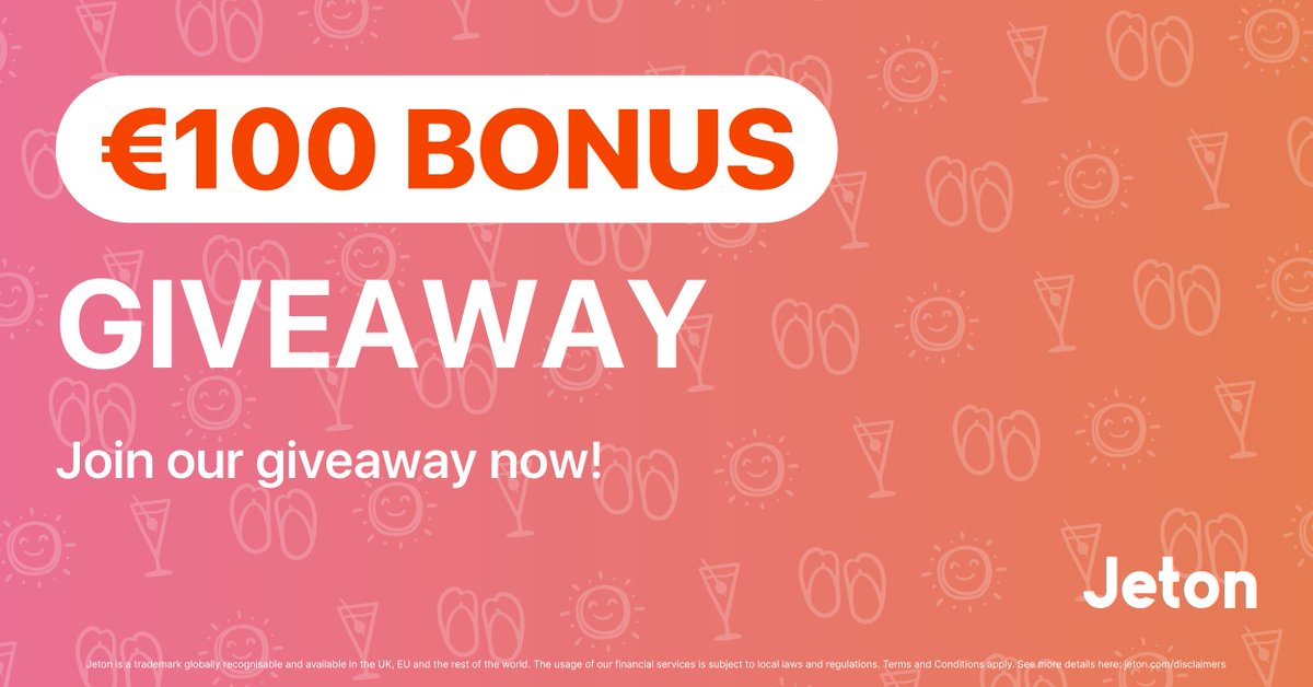 jetonpayments's tweet photo. Weekend Giveaway ☀️⛱️🍹 

We’re spreading the summer joy by offering Jeton users a chance for a total of €100 BONUS! Rules are simple:

➕Follow @jetonwallet
👍🏻 Like and repost this post
🗺️ Reply to this post with your favourite summer destination 
🎁Five (5) lucky Jeton users will be randomly selected among eligible participants and awarded €20 BONUS each

Good luck! ����

* Participation ends at 11:59 pm BST on Sunday, 21st July 2024.
* Winners will be announced on Monday, 22nd July 2024.
* You must have a verified Jeton account to participate in this giveaway.
*This promotion is not valid for Jeton users located in the UK and Turkey.

T&Cs apply: https://t.co/ZJQ9izo7yK

#jeton #onlinepayments #moneytransfer #giveaway #xgiveaway #bonus