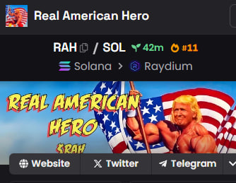 RealAmecicanH's tweet photo. Moving to the TOP 1 on DEXSCREENER! $RAH 

https://t.co/pHKPJEq6lv

#TRUMP2024 #MAGA https://t.co/lppwPbxBz6