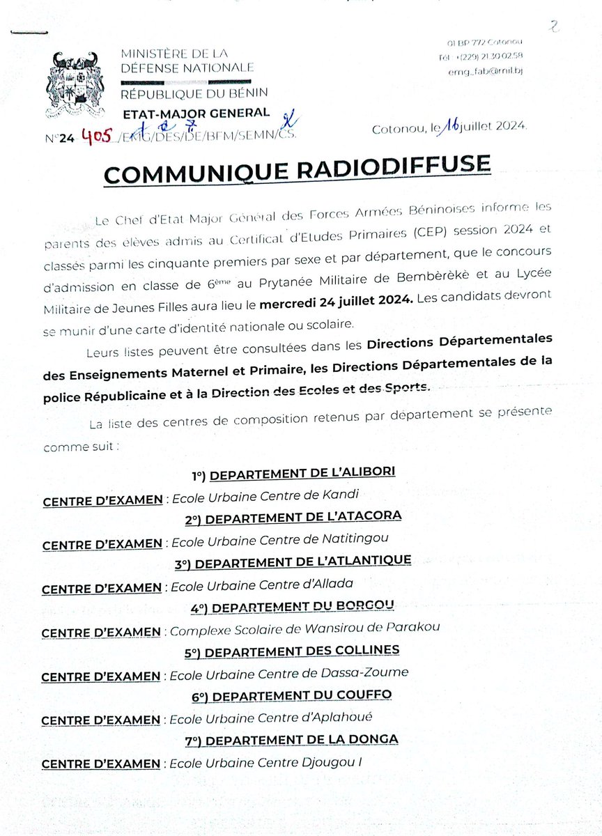 actionsMempBj's tweet photo. (...) consultées dans les Directions Départementales des Enseignements Maternel et Primaire, les Directions Départementales de la Police Républicaine et à la Direction des Écoles et Sports.

Ci-dessous les détails sur la liste des centres de composition retenus par département 👇 https://t.co/N07fGBIU1z