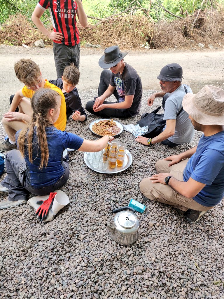 MrVisGeography's tweet photo. Second day of project work in Tizi Oussem and we are making progress despite rush our traffic (see first picture) ⚒️ Still loads to do but trucks now have more room to pass 🚚 We even had time for tea on the side of the road whilst having a break 🍵 #RGSExpedition2024 https://t.co/6utCt92uX9