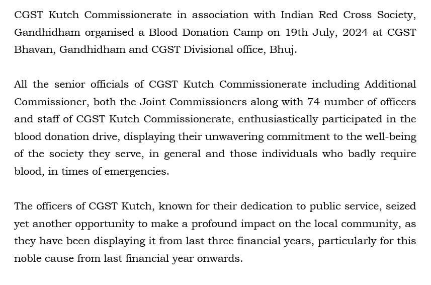 CgstKutch's tweet photo. CGST Kutch Commissionerate in association with Indian Red Cross Society, Gandhidham organised a Blood Donation Camp on 19th July, 2024 at CGST Bhavan, Gandhidham and CGST Divisional office, Bhuj. https://t.co/Hu4YxwmH4X