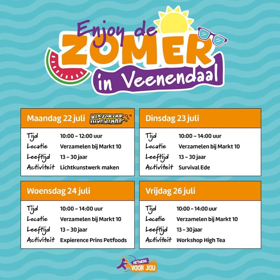 ☀️🍉Enjoy de Zomer week week 2🍉
Wauw wat was week 1 geslaagd!! Er zijn veel nieuwe verbindingen gelegd tussen jongeren die elkaar nog niet kenden. Ken je jongeren die in week 2 mee willen doen? Check het programma hieronder en de website: netwerkvoorjou.nl/kalender/