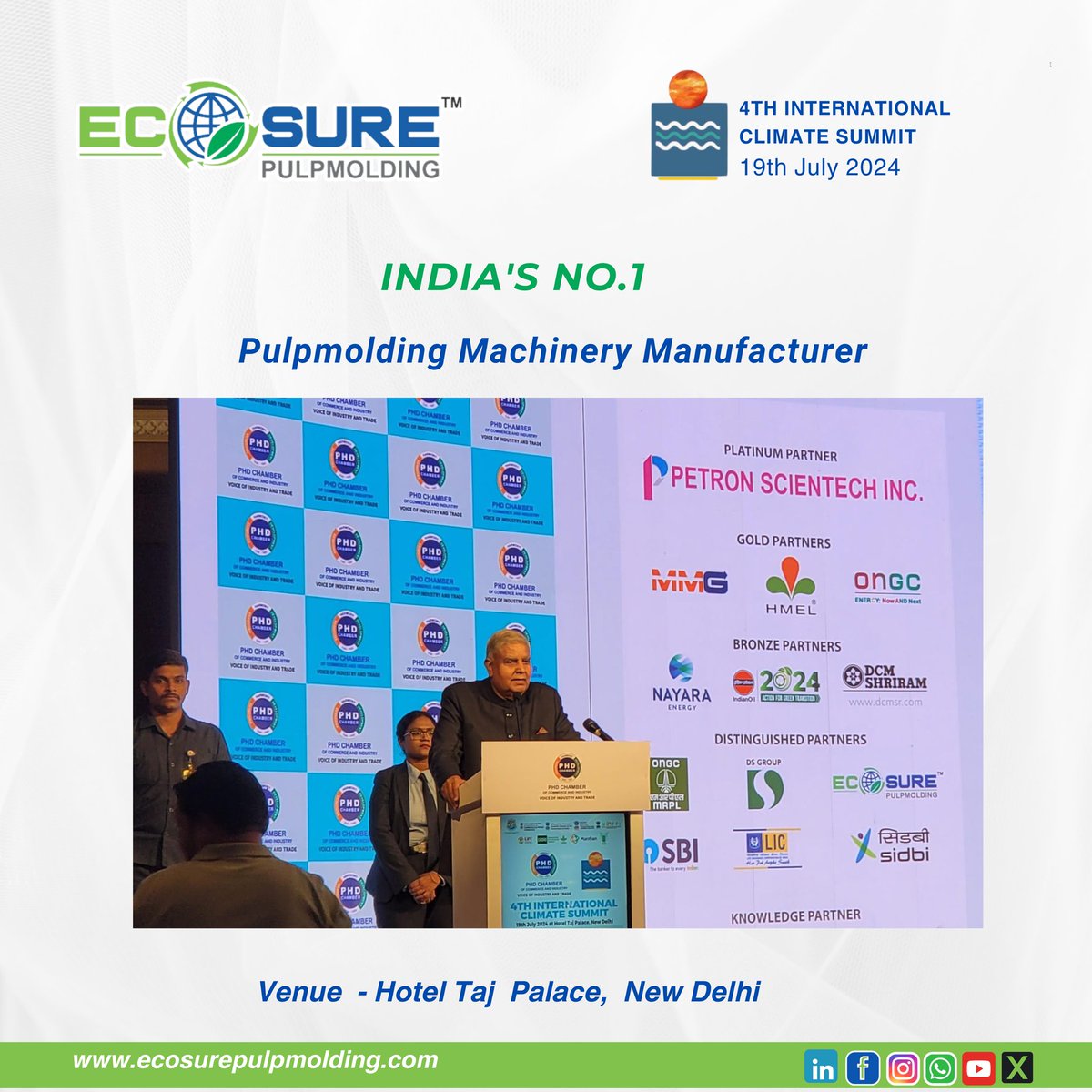 ecosure111's tweet photo. π Ecosure Pulpmolding Technologies Limited, Indiaβs leading pulpmolding machinery manufacturer, is honored to be a distinguished partner at the 4th International Climate Summit held at the Taj Palace, New Delhi.
@Pres_PHDCCI
#EcosurePulpmolding #ClimateSummit2024 #Sustainable https://t.co/P2Wn4mxole