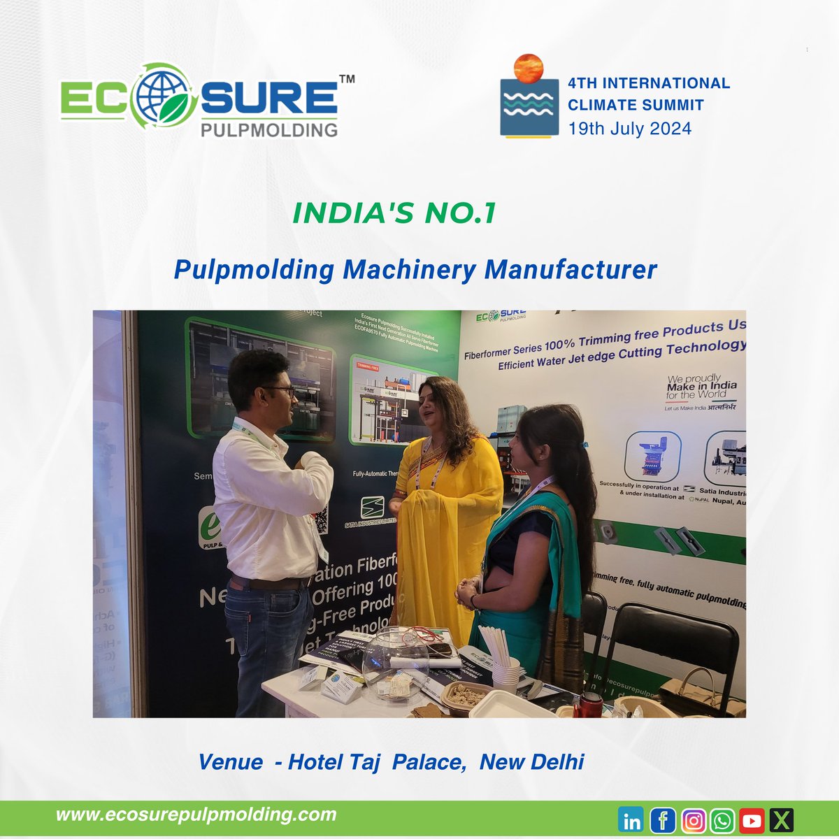 ecosure111's tweet photo. π Ecosure Pulpmolding Technologies Limited, Indiaβs leading pulpmolding machinery manufacturer, is honored to be a distinguished partner at the 4th International Climate Summit held at the Taj Palace, New Delhi.
@Pres_PHDCCI
#EcosurePulpmolding #ClimateSummit2024 #Sustainable https://t.co/P2Wn4mxole