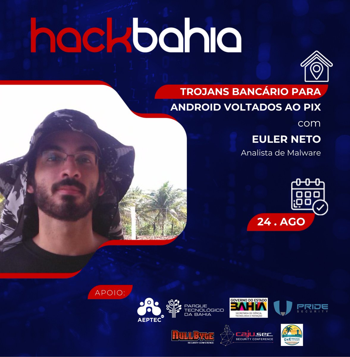hackbahia's tweet photo. Olá, pessoal!

Seguindo com as divulgações, comunicamos mais duas apresentações da próxima edição do HackBahia:

Manoelito Filho - A glitch in the Matrix - Attack as Déjà vu.
Euler Neto - Trojans bancários para Android voltados ao Pix.

https://t.co/cdmjBBHP7m https://t.co/Nxhb4a3ocQ