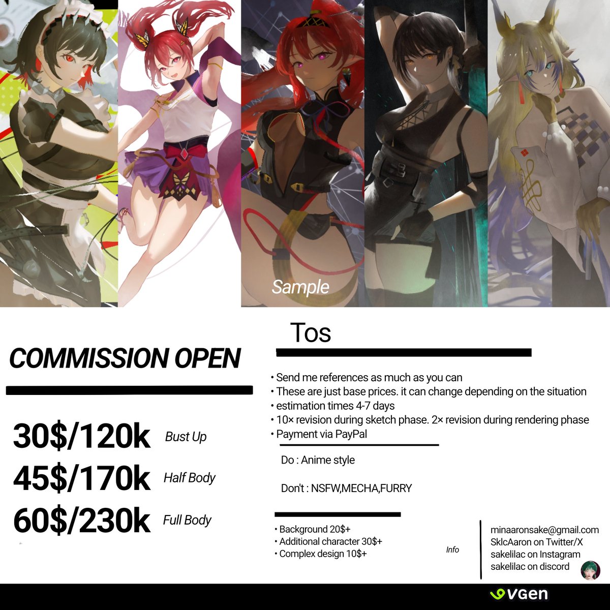 Re tweets are very appreciated :)

Hi! I'm opening commission! These are prices and ToS down below.
If you're interested, don't hesitate to dm me here or info down below.

Thank you for your attention. Any kind of boost is very appreciated