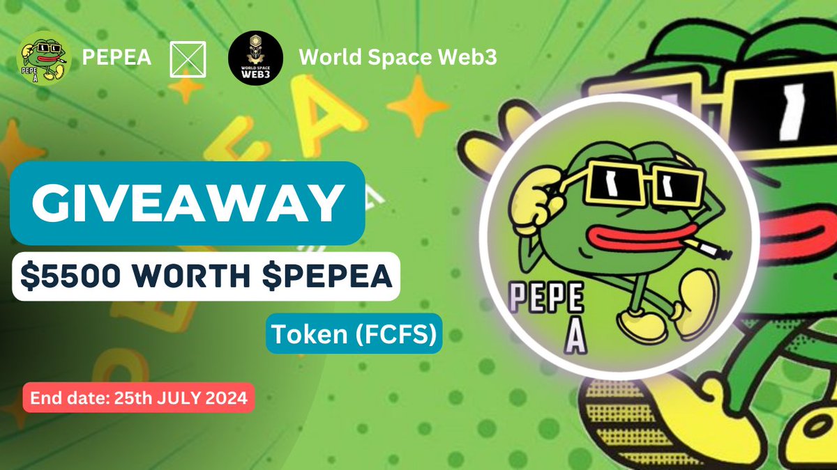 🤝 New Partnership Announcement

🎁 Giveaway : $5500 Worth of $PEPEA For 400 Winners

➡ To Enter 
1⃣ Follow <a href="/PEPEAX_/">PEPEA</a> &amp; <a href="/WorldSpaceWeb3/">World Space Web3</a>
2⃣ Like, RT, Tag 3 Friends 
3⃣ Join TG : t.me/pepea_peaaa
4️⃣ Comment Your Metamask Address

End: 25th JULY

#Airdrop #Giveaway #Dogs #ton