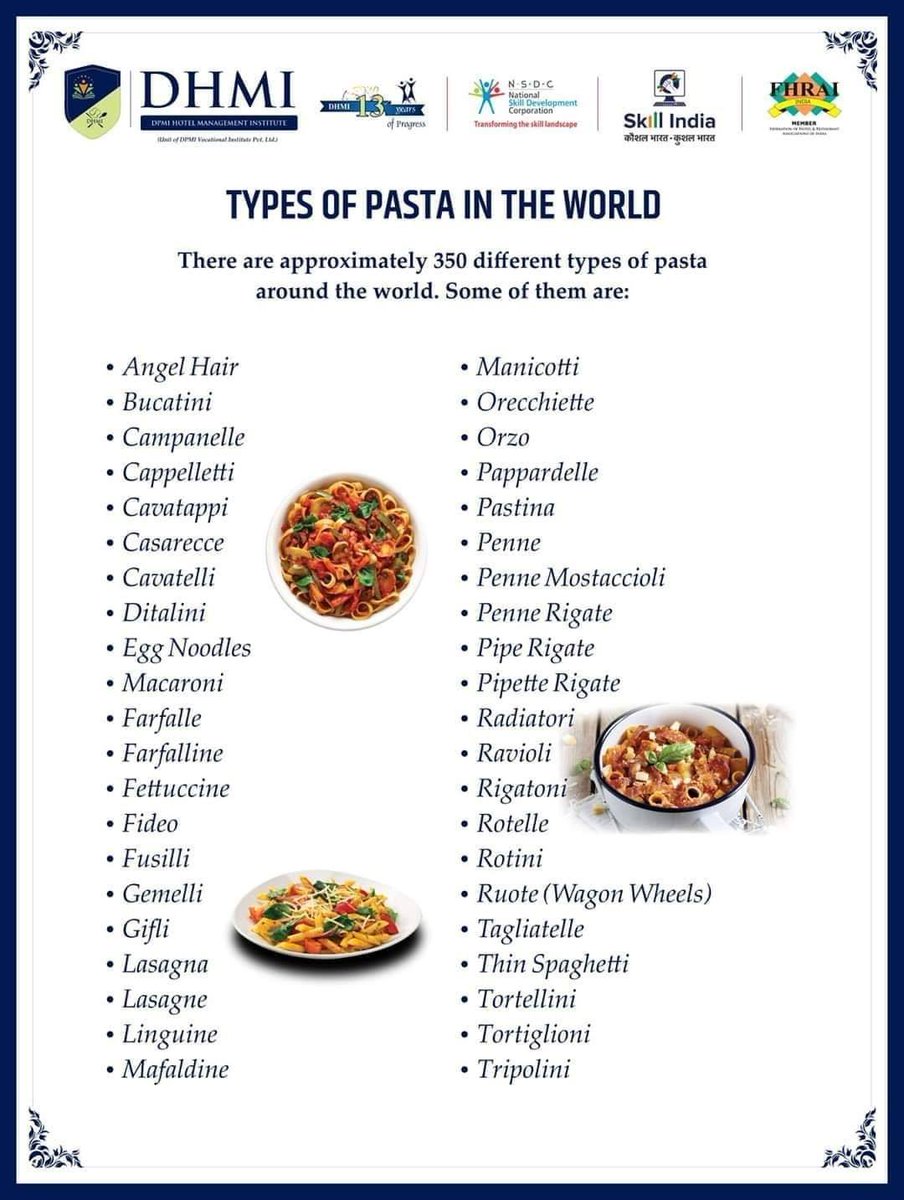 DHMIndia's tweet photo. Pasta is a type of Italian food typically made from an unleavened dough of durum wheat flour mixed with water or eggs, and formed into sheets or various shapes, then cooked by boiling or baking.
#DHMI #HotelManagementInstitute #FrontOfficeOperation #HouseKeeping #FoodProduction https://t.co/zx4UJHkLd8