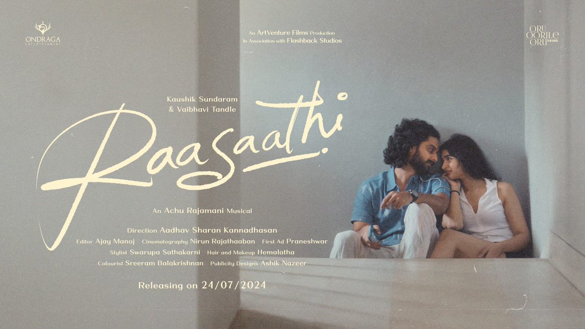 Keep your hearts open for all the love 💖

#Raasaathi is set to capture your hearts from 24th July 

A @achurajamani Musical 🎶

Direction @aadhavkannadhasan
Starring #KaushikSundaram #VaibhaviTandle

#ArtventureFilms in association with @flashbackind

<a href="/OndragaEnt/">Ondraga Entertainment</a> <a href="/oruoorileoru/">Oruoorileoru Film House</a>