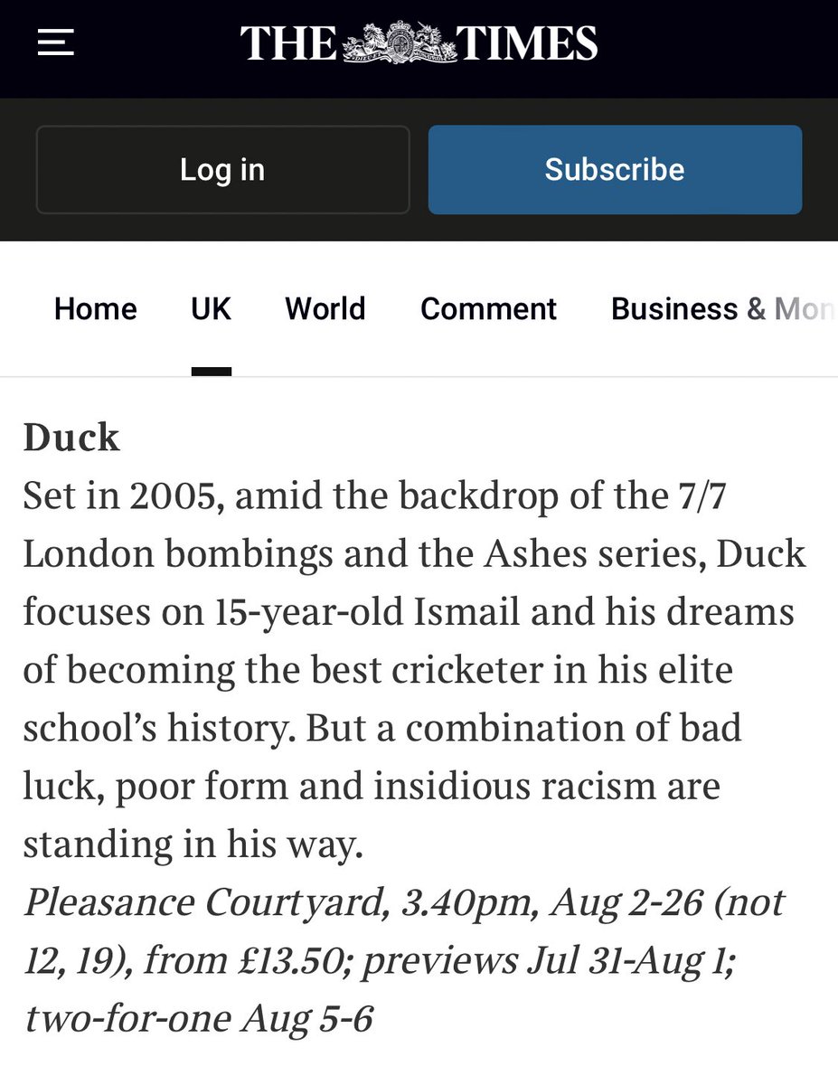 so nice to see DUCK 🦆 by <a href="/maatin/">maatin</a> in <a href="/thetimes/">The Times and The Sunday Times</a> Best Theatre to See in Edinburgh! 🏴󠁧󠁢󠁳󠁣󠁴󠁿💛

Not long to go now…🏏

Pleasance Beneath, 15.40 
31 Jul - 26 Aug

🎟️ pleasance.co.uk/event/duck

thetimes.com/uk/scotland/ar…